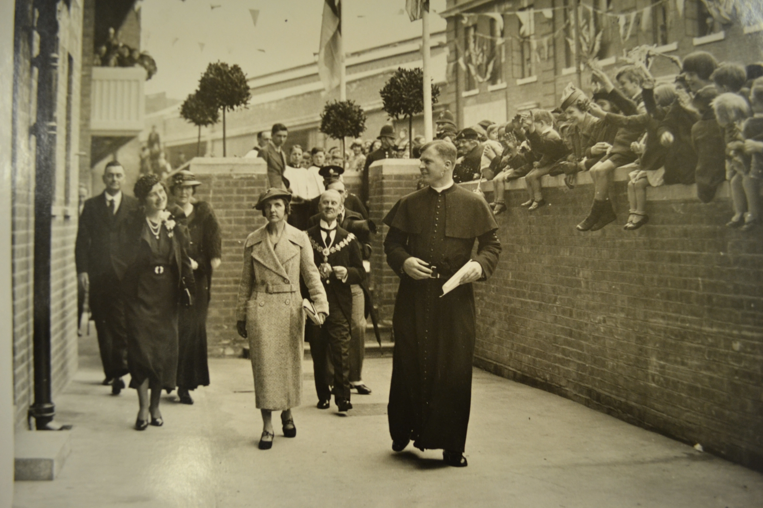 Father Scott takes the Duchess and Irene Barclay to inspect the new St Joseph's flats, 14 May 1936